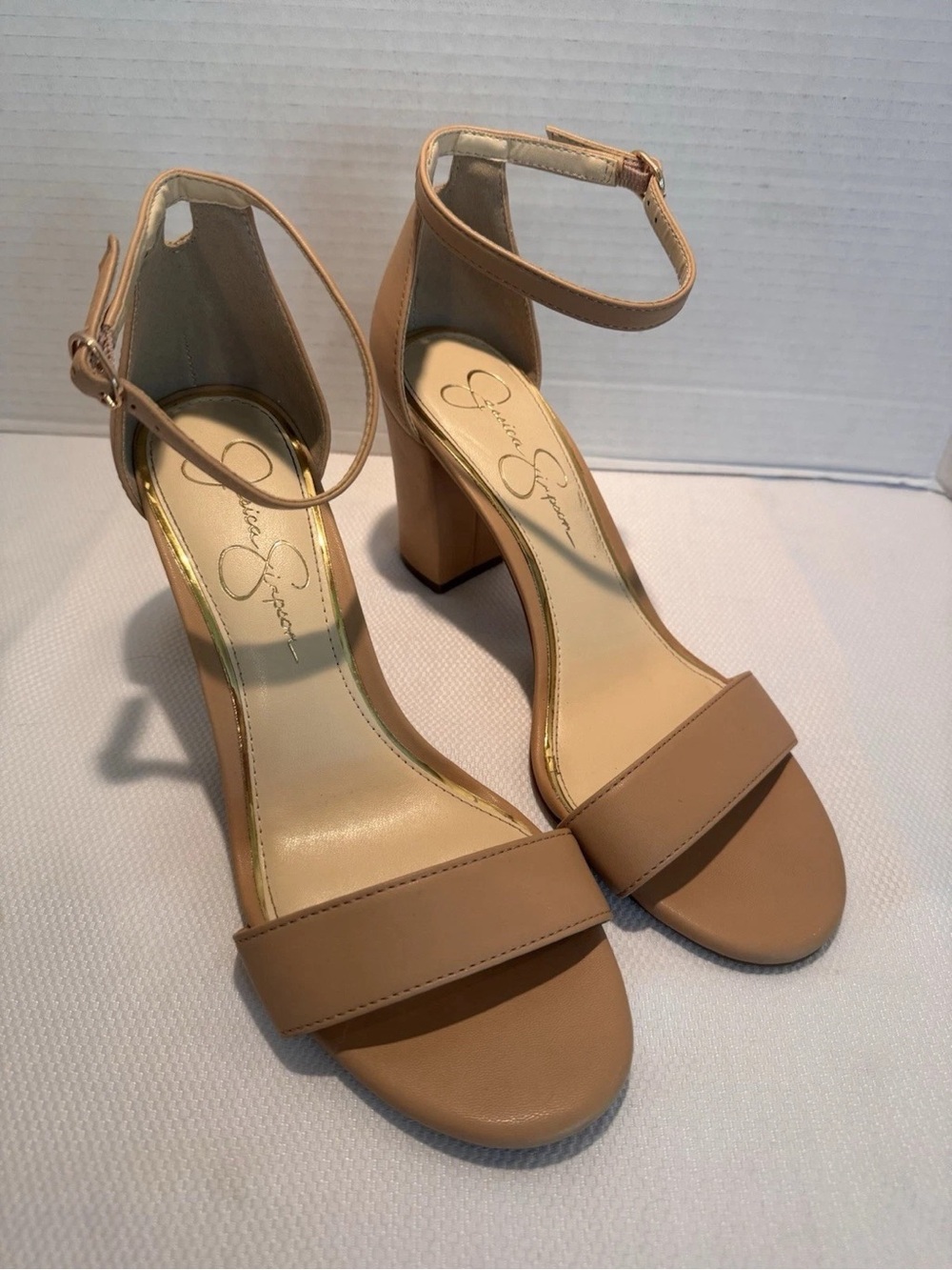 Jessica Simpson Beige Ankle-Strap Block Heel Sandals